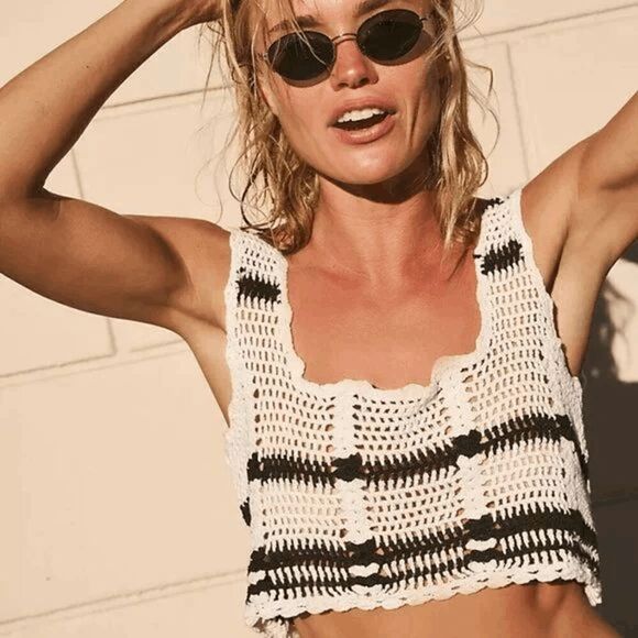 Free People Beach Black Ivory Donni Crochet Knit Sweater Top Skirt Set XL NWOT - Picture 9 of 11